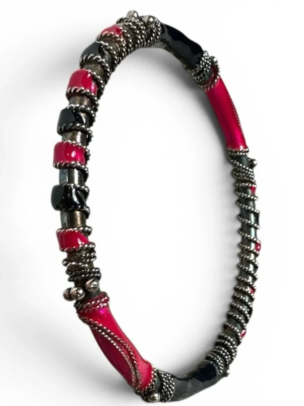 Vintage Bangle Bracelet Bright Pink Navy Metallic Enamel & Beaded Accents